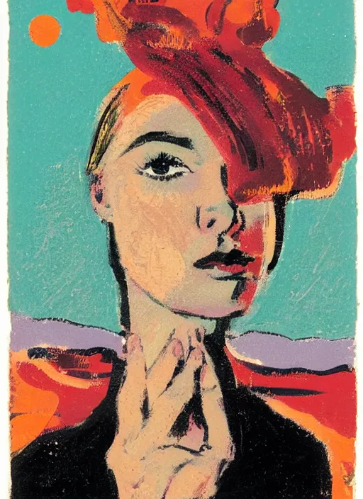 Image similar to an extreme close - up portrait of a lady in a scenic representation of mother nature and the meaning of life by billy childish, thick visible brush strokes, figure painting by anthony cudahy and by rae klein and by beal gifford, vintage postcard illustration, minimalist cover art by mitchell hooks