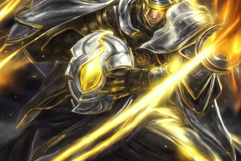 Image similar to an ultra detailed portrait of saladin as a shonen anime protagonist charging into battle wearing bright gold armor and huge flaming longsword blessed by god, epic anime fantasy, 8 k, volumetric lighting, smooth, highly detailed, digital illustration, art by kentaro miura and akira toriyama and artgerm