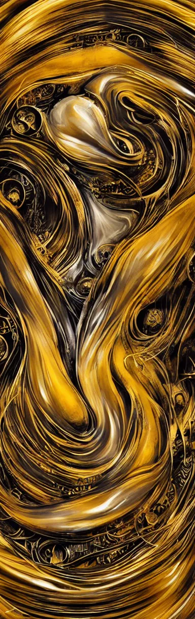 Image similar to pencil painting oil, bodypaint, neobrutalistic, golden circles and spirals, digital abstract sculpt of beautiful female body and black swirling latex acrylic portrait, black latex sculpt, minimalism, mechanical superstructure, sacred geometry, 8 k, cinematic, magic hour, beautiful light, sculpture of carving marble, dark colors, filigree ornaments, one point light, clockwork