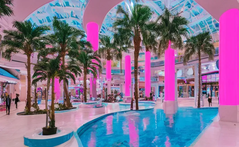 Prompt: an indoor mall with palm trees and pools, pink and blue lighting, everything floats in space