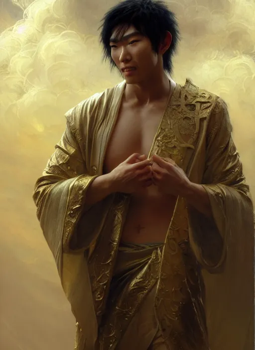 Image similar to young asian man, god of rain, flowing robes, powerful, smug expression, highly detailed painting by gaston bussiere, craig mullins, j. c. leyendecker 8 k, sparkling storm clouds