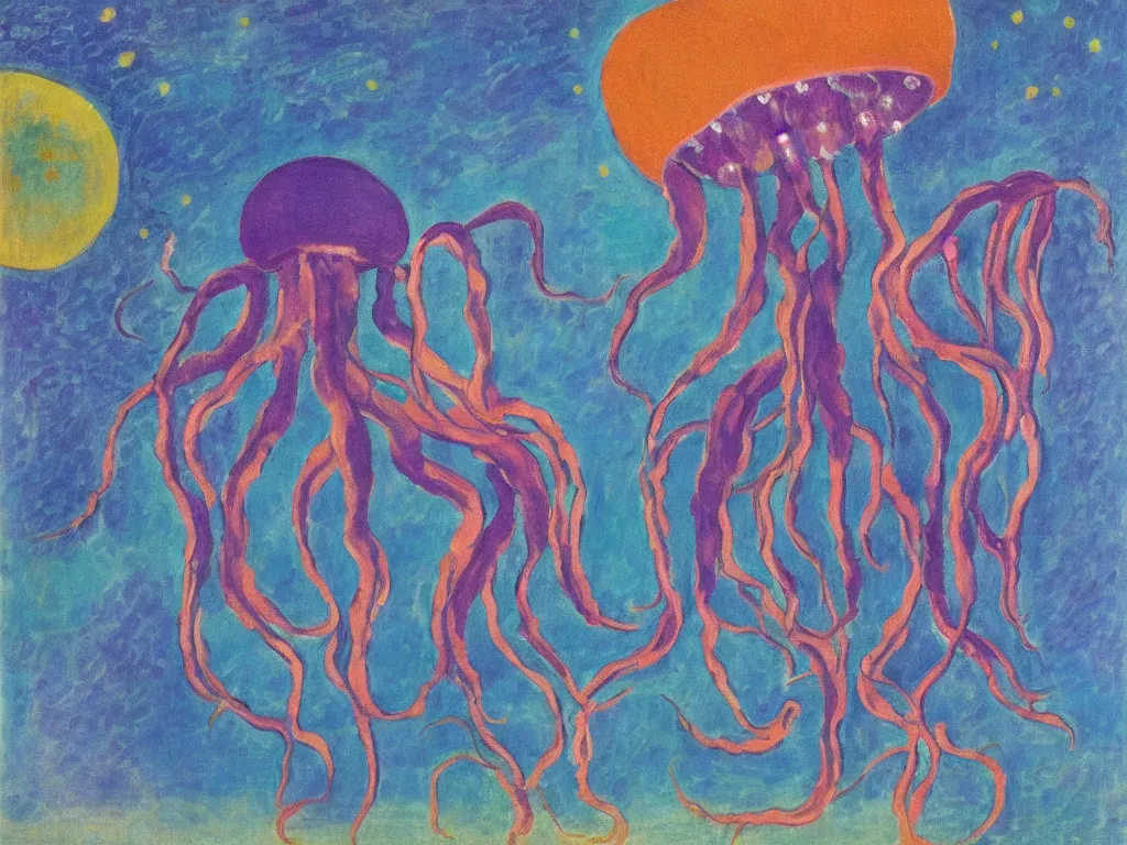 Prompt: jellyfish octopus, grow in the ground, elegant, vigorous, sunset, ocean land, nebula moon, sharp focus, by henri matisse