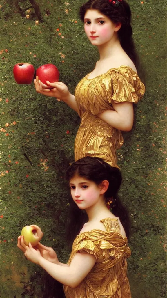 Image similar to painting portrait of a beautiful girl with an apple in her hand, intricate, elegant, digital painting, smooth, sharp focus, shiny gold, realistic gold, realistic metal, by William-Adolphe Bouguereau and Gustav Klimt,