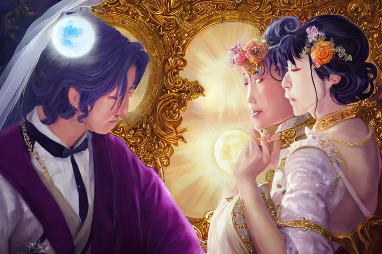 Image similar to a cinematic portrait of wedding photograph jpeg close up moment of a divine a japan sun god and moon goddess lovers magician at a wedding banquet. portraiture. digital painting. artstation. concept art. wedding photo. digital painting. violet evergarden art masterpiece by art by krenz cushart