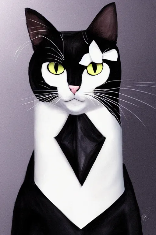 Prompt: a black cat wearing a tuxedo, portait, photo, profile, picture, hyperrealistic, concept art, digital art