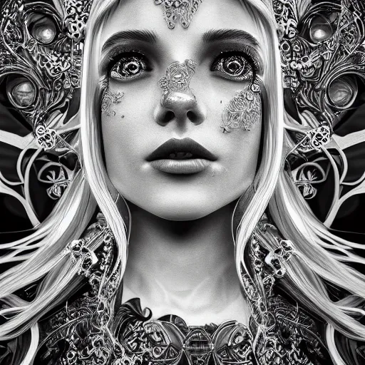 Image similar to wonderful princess, beautiful face, hyper detailed, flowing background intricate and detailed, ornate 8 k gorgeous intricate detailed, octane render,, black and white