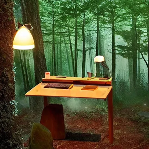 Image similar to A small desk with desklamp in the middle of a forest, floating lights, magical, byStudio Ghibli