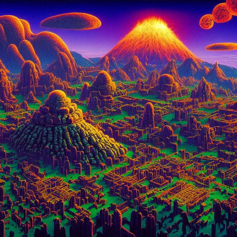 Image similar to ancient stone monuments over sprawling mysterious town, volcano valley, infinite sky, ( ( ( synthwave ) ) ), bright neon colors, highly detailed, cinematic, tim white, michael whelan, roger dean, bob eggleton, philippe druillet, vladimir kush, kubrick, haeckel, alfred kelsner