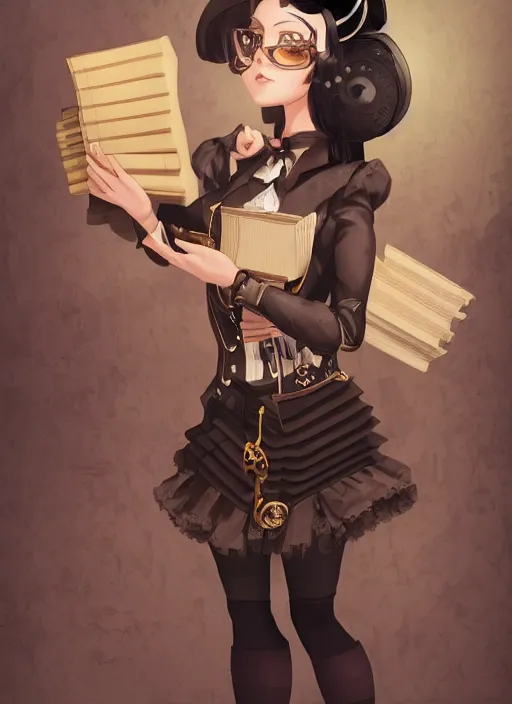 Prompt: a full shot of a steampunk female maid with a black bob hair style holding a stack of books, standing in a steampunk reading room. in a steampunk reading room. digital illustration, soft lighting lighting, 8K, anime, trending on ArtStation, digital art.