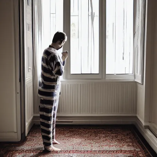 Image similar to person in pyjamas standing near window, turned back to camera, cinematography, sun rays, daylight, big french door window, big spatious room, carpet at the floor, wide shot 2 4 mm, anamorphic shot lens, walls at left and right sides, window at the center, wooden floor, modern, winter sun, photorealistic, high ceiling