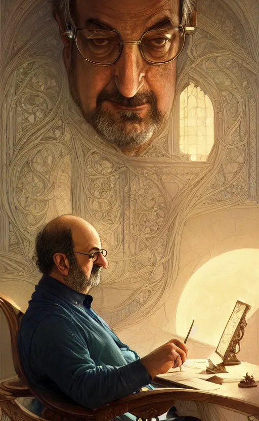 Image similar to portrait of salman rushdie writing, deep focus, d & d, fantasy, intricate, elegant, highly detailed, digital painting, artstation, concept art, matte, sharp focus, illustration, art by artgerm and greg rutkowski and alphonse mucha