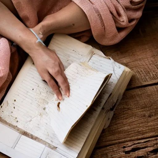 Image similar to a young woman finds a dusty diary on the floor of an old farmhouse, cinematic scene, movie, cinematic lighting