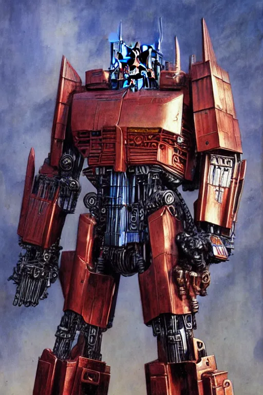 Image similar to optimus prime in the style of wayne barlowe, gustav moreau, goward, bussiere, roberto ferri, santiago caruso, luis ricardo falero, frazetta