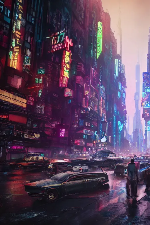 Image similar to cinematic photo of ancient overgrown cyberpunk new york city with cars and people, holograms, night, rain, flowers, beautifully lit, hyperdetailed, unreal engine, photorealistic, denis villeneuve film look, blade runner set