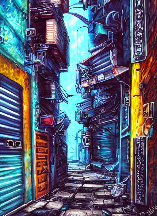 Image similar to airbrushed painting of a cyberpunk alleyway