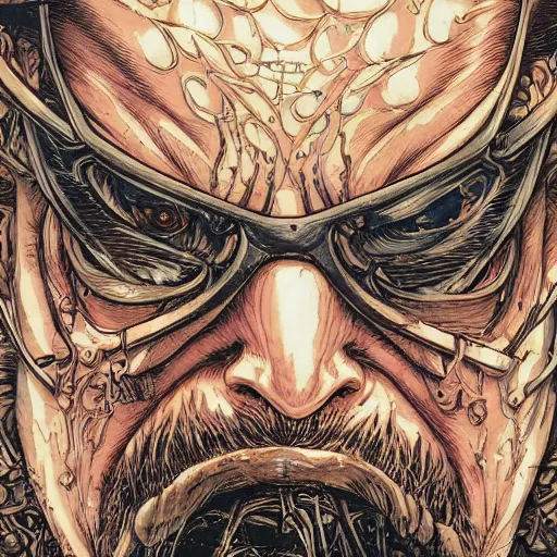 Image similar to portrait closeup of crazy hector barbossa, galleons, symmetrical, hyper detailed, by yoichi hatakenaka, masamune shirow, josan gonzales and dan mumford, ayami kojima, takato yamamoto, barclay shaw, karol bak, yukito kishiro