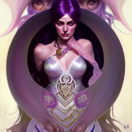 Prompt: Character Portrait of Syndra from League of Legends surrounded by nodes, face, fantasy, intricate, elegant, highly detailed, digital painting, artstation, concept art, smooth, sharp focus, illustration, art by Gregory Manchess and Fernanda Suarez and Artem Demura and alphonse mucha