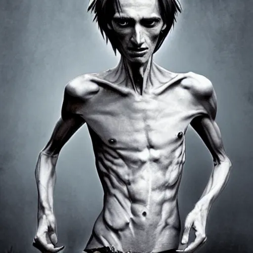 Image similar to extremely skinny and starved man. fantasy art