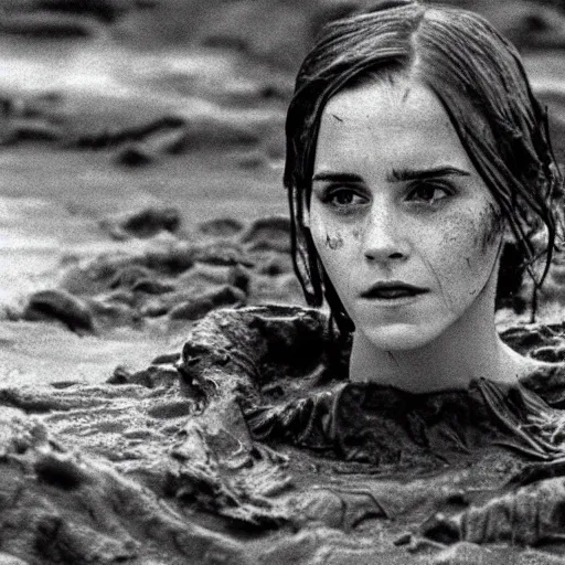 Prompt: film still, close up, emma watson rising out of muddy vietnam river, face covered in mud, low camera angle at water level, night time, film still from apocalypse now ( 1 9 7 9 ), 2 6 mm