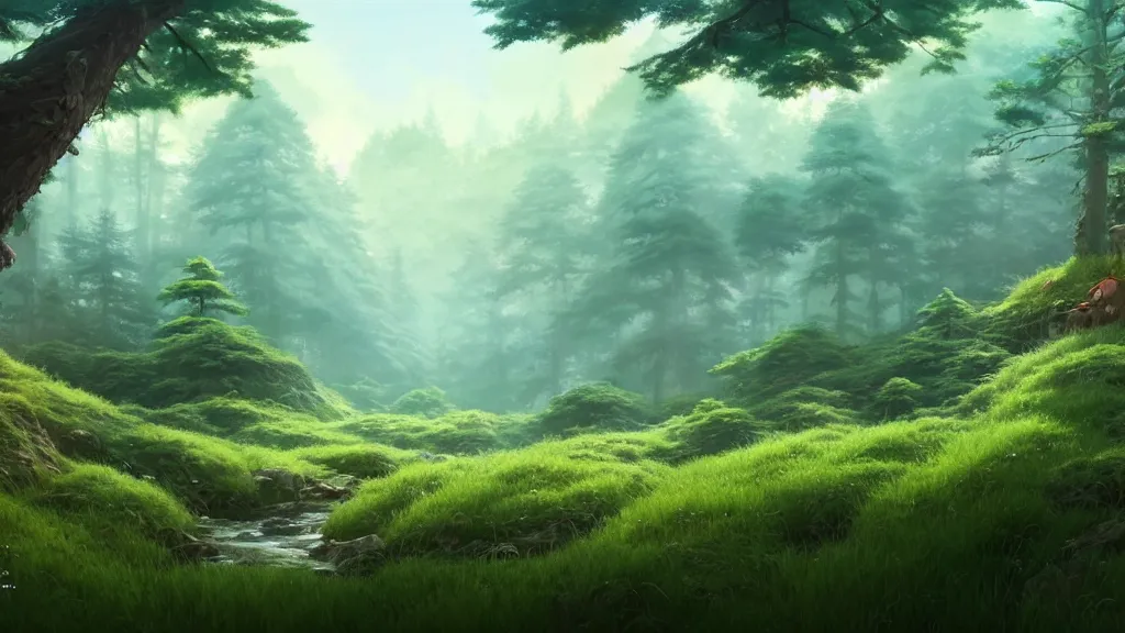 Image similar to forest clearing landscape, studio ghibli, pixar and disney animation, sharp, rendered in unreal engine 5, highly detailed, digital painting, artstation, concept art, smooth, sharp focus, illustration, wide angle, artbook, wallpaper, splash art, promo art, dramatic lighting, art by artgerm and greg rutkowski and bo chen and jin xiaodi