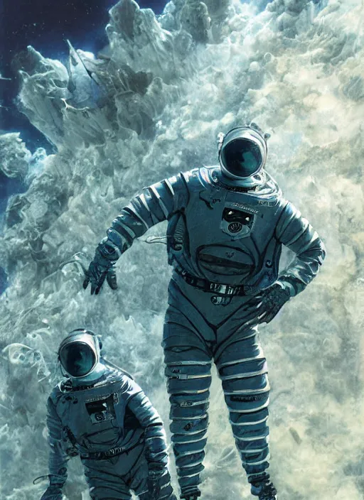 Image similar to astronauts in dark and empty void underwater poster - complex and hyperdetailed technical suit. reflection and dispersion materials. rays and dispersion of light. volumetric light. 5 0 mm, f / 3 2. noise film photo. flash photography. ultra realistic, wide angle. poster by wayne barlowe, hajime sorayama aaron horkey, craig mullins