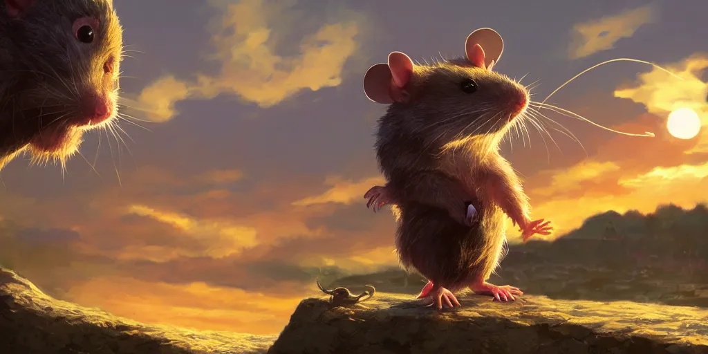 Image similar to rat enjoys the sunset, character sheet, colorful, contrast, 3 d scene, greg rutkowski, zabrocki, karlkka, jayison devadas, trending on artstation, 8 k, ultra wide angle, zenith view, pincushion lens effect