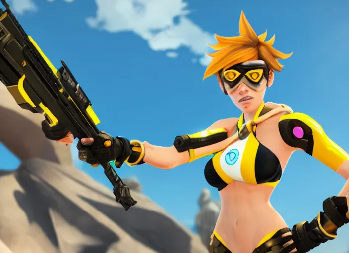 Image similar to tracer game character, in yellow bikini, blonde hair, black eyes, full height