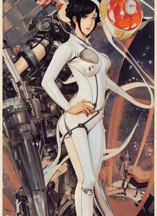 Image similar to a copic maker art nouveau manga cover portrait of an anime pale edgy girl on a futuristic latex pilot suit by john berkey norman rockwell