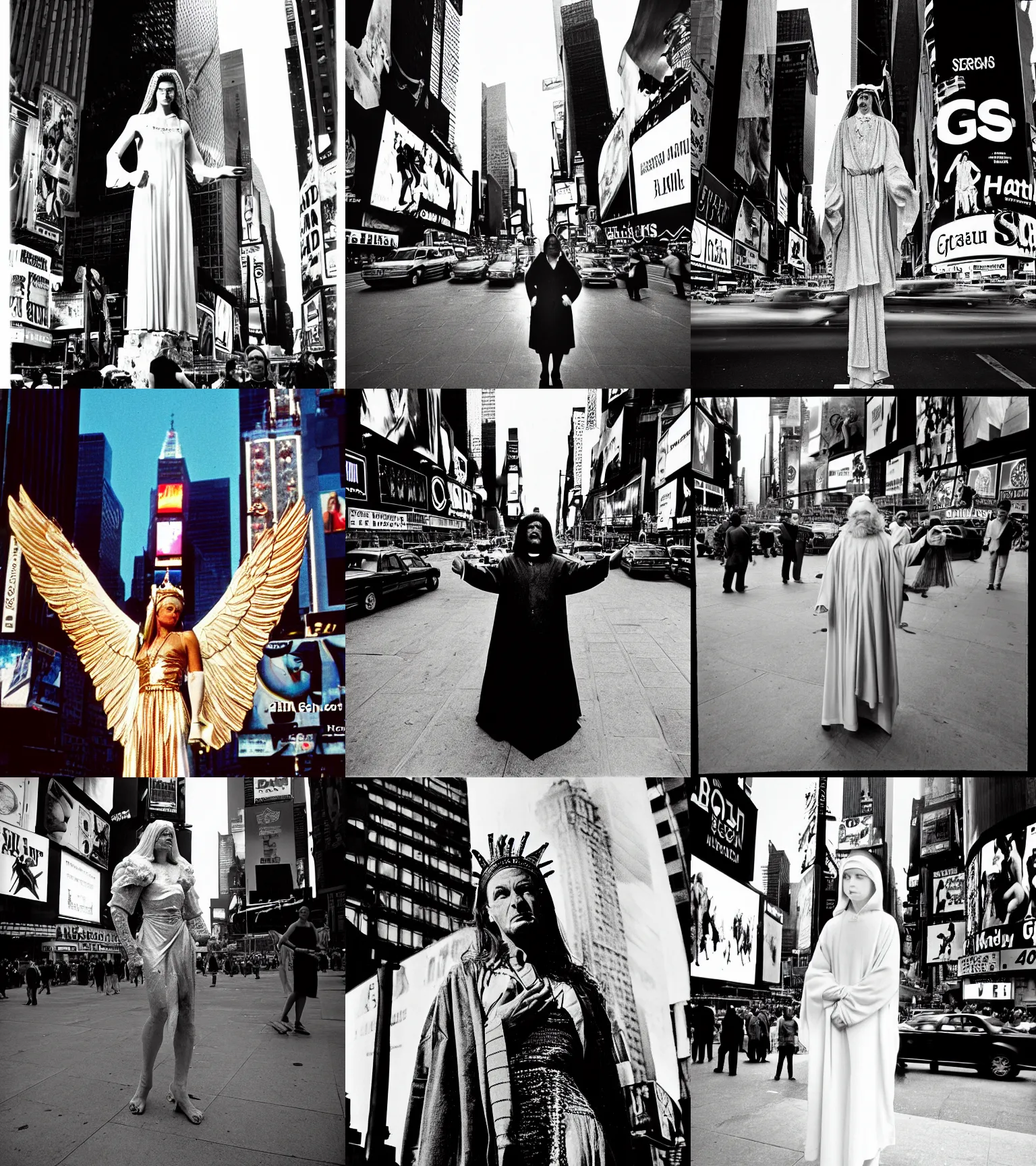 Prompt: a 3 5 mm photo of a biblical seraphim posing in times square, shot by bruce gilden, helmut newton, bill cunningham, leica s, sony flashpoint, ektachrome