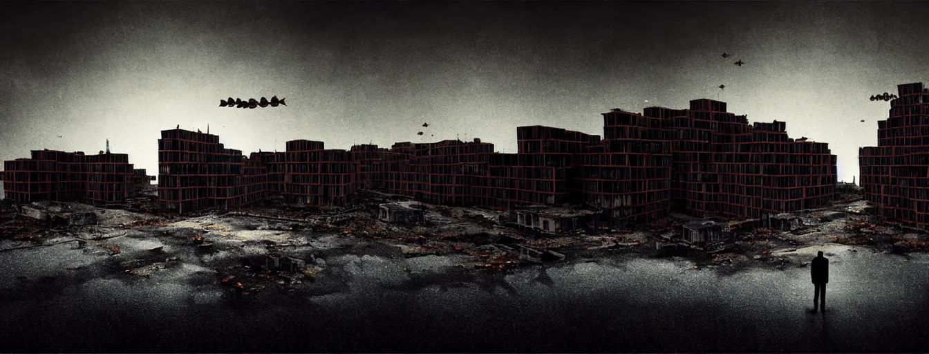 Image similar to abandoned city + a lone man + (((school of fish flying in the sky))) + (((habitat 67))), Mads Berg, Karolis Strautniekas, film noir, textured light, dramatic lighting,editorial illustration, detailed,fine texture, matte print, dark blue + dark orange, red, black, extreme perspective, volumetric light