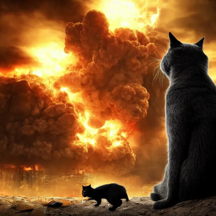 Image similar to cinematic movie close up shot, background blur bokeh, old man sitting with black cat watching nuke explosion close up!, world ending nuke, 4 k