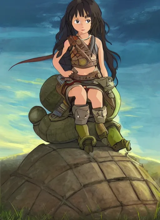 Image similar to portrait of a little warrior girl character sitting on top of a giant armored turtle in the desert, studio ghibli epic character with dark skin and beautiful green eyes, very beautiful detailed symmetrical face, long black hair, bright colors, diffuse light, dramatic landscape, fantasy illustration