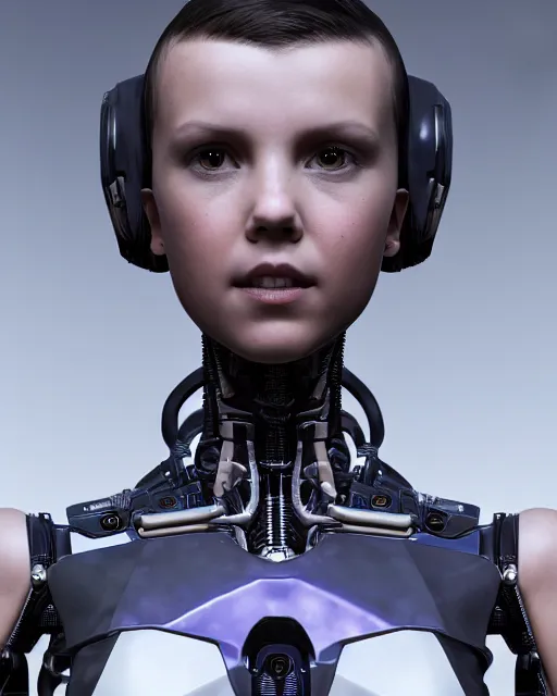 Image similar to millie bobby brown as a robot, octane render, by yoji shinkawa