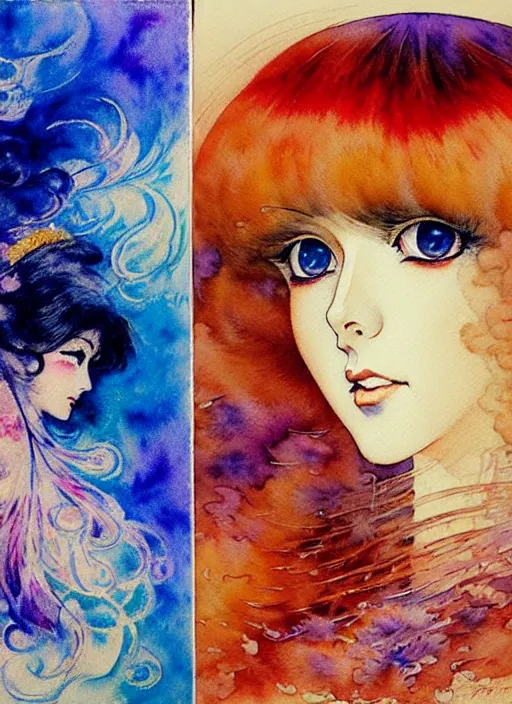 Image similar to vintage 7 0 s anime watercolor by karol bak, a portrait of a lady with colorful face - paint enshrouded in an impressionist watercolor, representation of mystic crystalline rift fractals in the background by william holman hunt, art by cicley mary barker, thick impressionist watercolor brush strokes, portrait painting by daniel garber, minimalist simple pen and watercolor