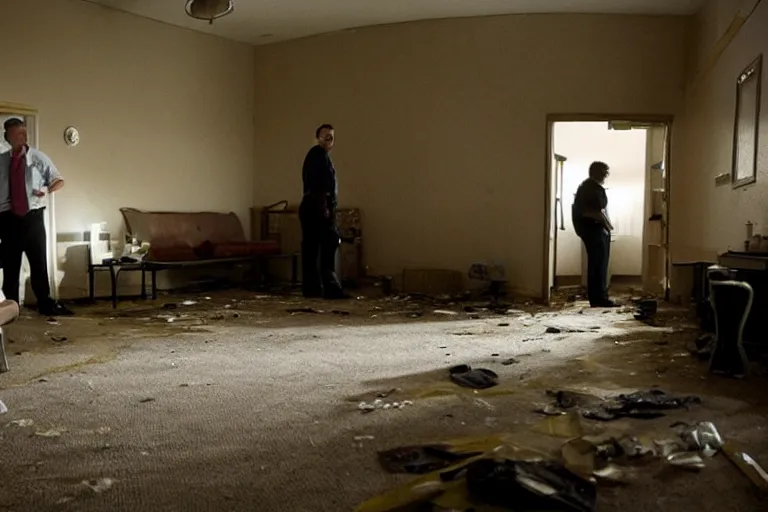 Prompt: cinematography of detectives investigating a crime scene in a rundown motel by Emmanuel Lubezki
