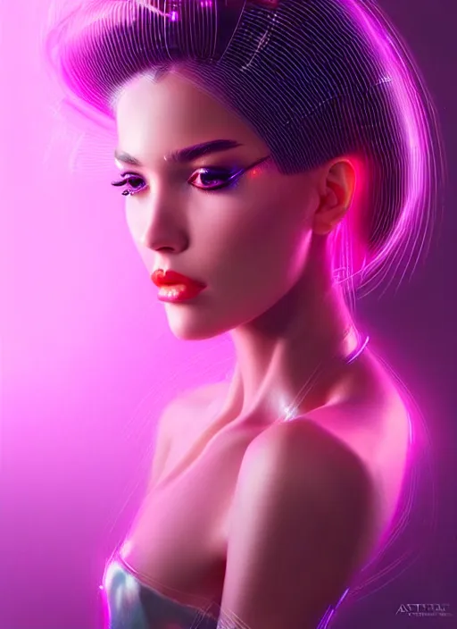 Prompt: photorealistic portrait of female humanoid, cyber neon lights, highly intricate, retro 6 0 s haute couture fashion, elegant, highly detailed, crispy quality, trending on artstation, trending on pinterest, glamor pose, no signature, no watermark, smooth, cinematic, art by artgerm and pascal blanche