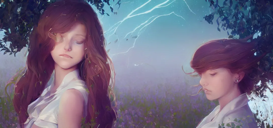 Image similar to a beautiful southern woman named Savannah, innocent, somber turquoise eyes, freckles, long ginger hair tied with white ribbon, sad under a wisteria plant, gentle lighting, storm in the distance, simple dress, digital art by Makoto Shinkai ilya kuvshinov and Wojtek Fus, digital art, concept art,