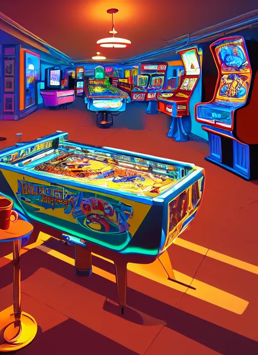 Prompt: highly detailed pinball table with a cup of coffee on top, arcade in background, minimalist comics, behance hd by jesper ejsing, by rhads, makoto shinkai and lois van baarle, ilya kuvshinov, rossdraws global illumination ray tracing hdr