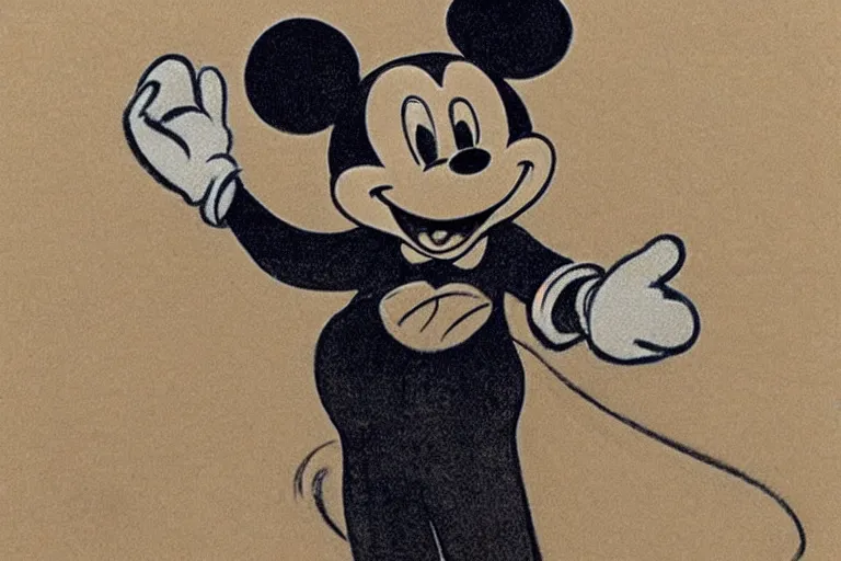 Image similar to courtroom sketch of vintage disney character mickey mouse presenting evidence of copyright infringement before the judge serious dark tone