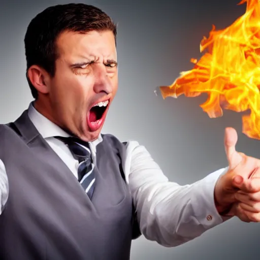 Prompt: stock photo of businessman screaming while pointing at fire