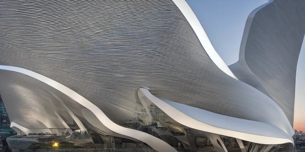 Image similar to extremely elegant smooth detailed stunning sophisticated beautiful elegant futuristic museum exterior by Zaha Hadid, Milan buildings in the background, smooth curvilinear design, stunning volumetric light, stainless steal, concrete, translucent material, beautiful sunset, tail lights