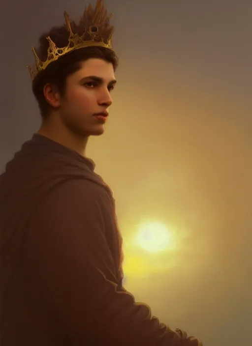 Image similar to oil painting of a handsome young man with dark hair, wearing a crown of fire!! at sunset, hazy, digital art, chiaroscuro, artstation, cinematic, golden hour, digital art painting by greg rutkowski, william - adolphe bouguereau, hazy atmosphere, cinematic lighting