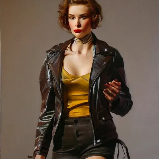 Image similar to fashion model with leather jacket painted by leyendecker, oil painting, 4 k, detailed, artstation