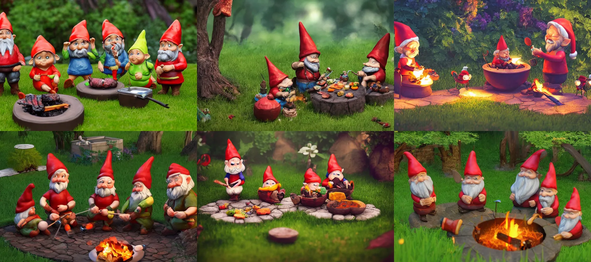 Prompt: garden gnomes having a barbecue in the backyard, trending on artstation, highly detailed,