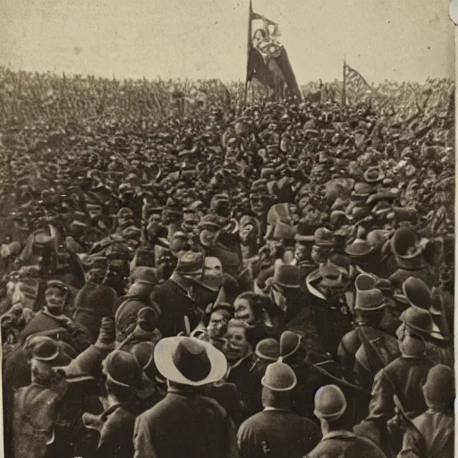 Prompt: taking a selfie during the civil war, crowded with soldiers, cannons in background