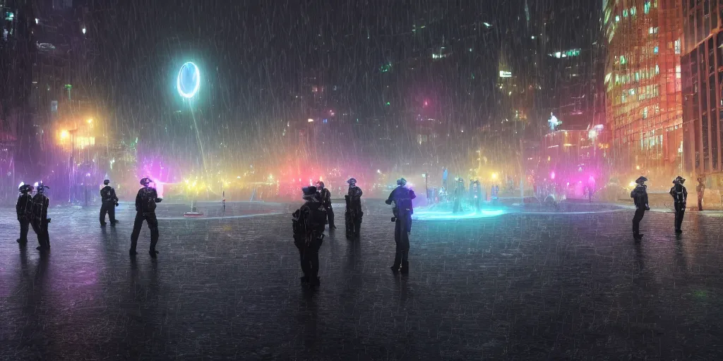 Image similar to policemen protecting a huge spiral - shaped bright luminous attractor right in the center of the city from protesting people,, rain and light fog, professional lighting, concept art in 3 d, high detail, professional lighting, 8 k, unreal engine