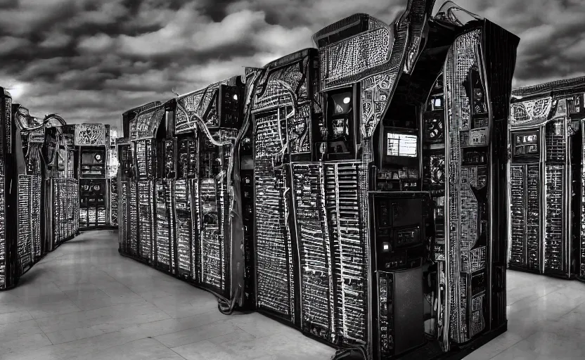 Image similar to mayans worshipping an occult supercomputer, black and white photography