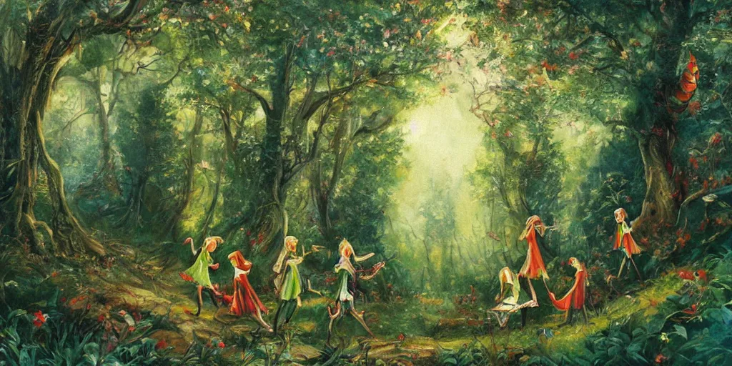 Prompt: painting of elves in a beautiful forest landscape