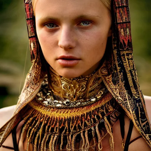 Prompt: portrait of a stunningly beautiful eastern european tribal female, depth of field, zeiss lens, detailed, symmetrical, centered, fashionc photoshoot, by Annie Leibovitz and Steve McCurry, David Lazar, Jimmy Nelsson, Breathtaking, 8k resolution, extremely detailed, beautiful, establishing shot, artistic, hyperrealistic, beautiful face, octane render