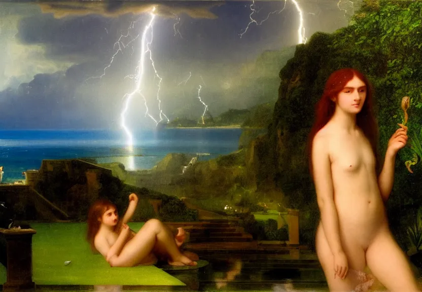 Prompt: Girl at the palace, refracted sparkles, thunderstorm, greek pool, beach and Tropical vegetation on the background major arcana sky, by paul delaroche, hyperrealistic 4k uhd, award-winning, very very very detailed